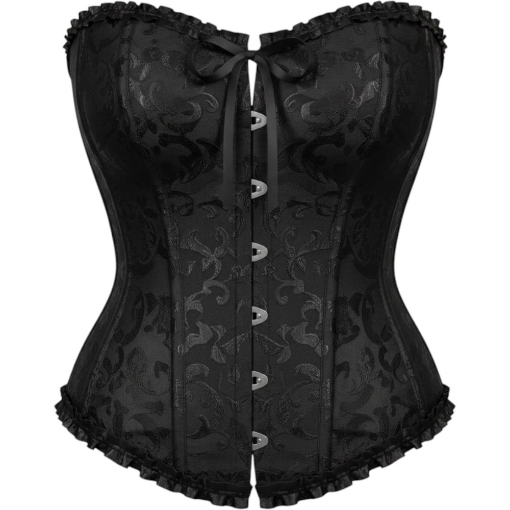 Black Floral Brocade Lace Up Corset Top Ruffle Trim Busk Closure Bustier goth